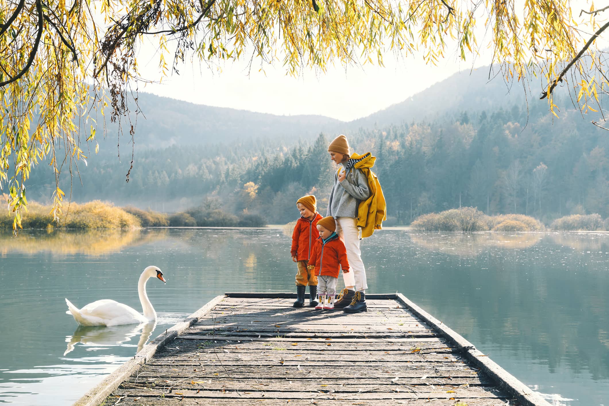 Frau mit 2 Kindern vor einem See mit Schwan - Steuertipps für die Familie