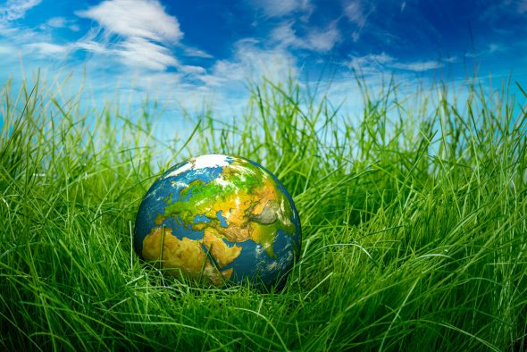 Konsumverhalten ändern am Tag der Erde - Erde liegt in grüner Wiese unter Wolkenhimmel