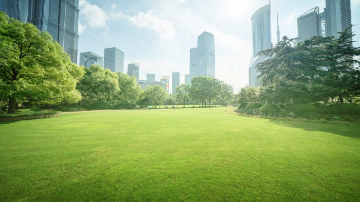 Grüner Rasen vor chinesicher Großtadt - können Emerging Markets nachhaltig sein?