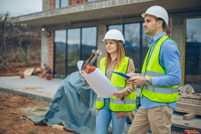 Ein Mann und eine Frau stehen mit Warnweste, Schutzhelm und Plan vor einem Einfamilienhaus. Planung ist auch in der Asset Allocation essentiell.